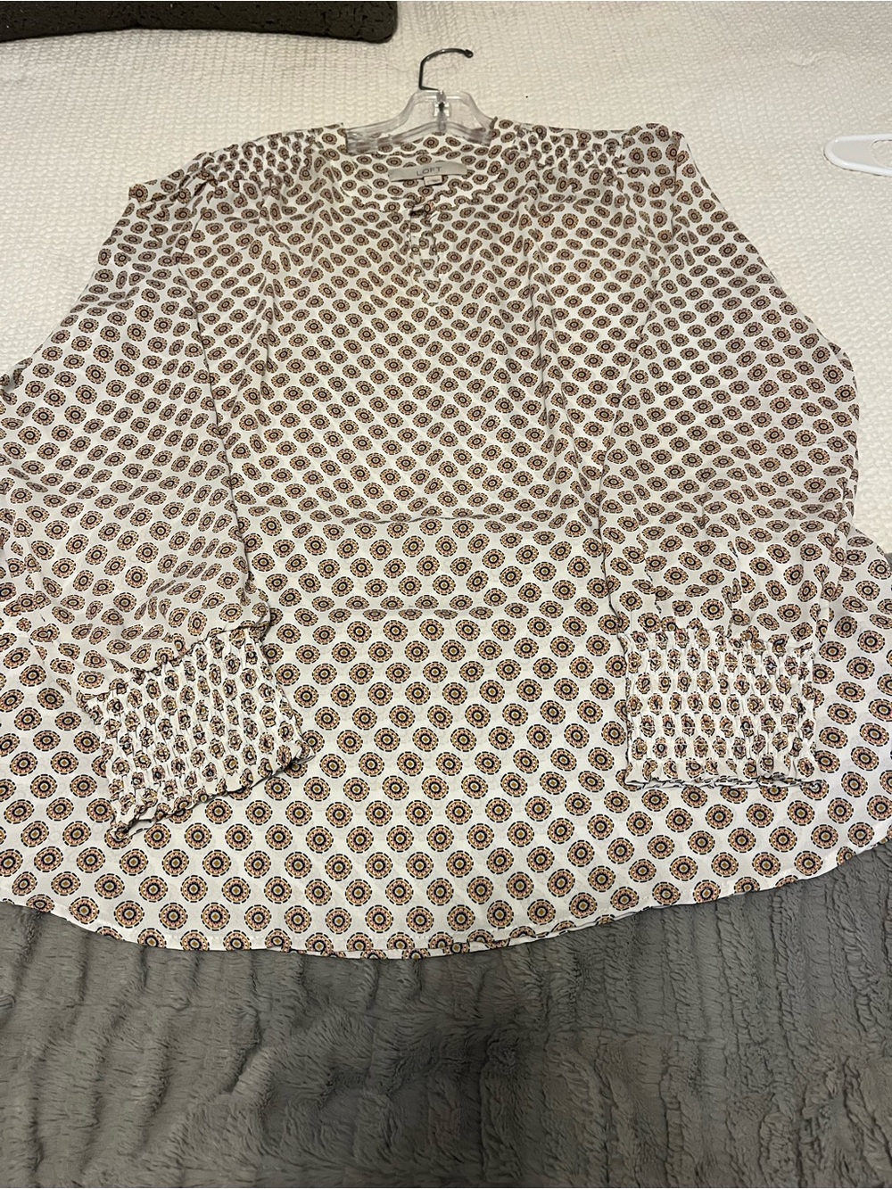 LOFT Cream Blouse with Brown Medallion Print
